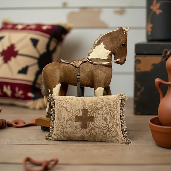 Soft Damask Chenille Decorative Pillow with Leather Cross and Fringe - Picture 3 of 8